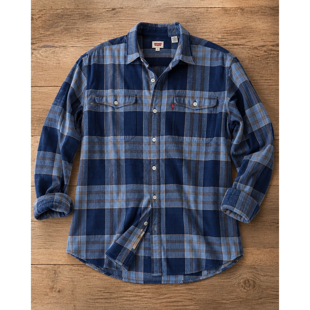 Levis Mens Indigo Dye Plaid Long Sleeve Button Up Shirt Blue XL